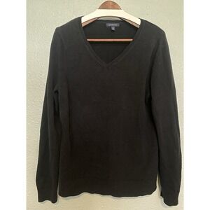 Lands End large Tall Black V-neck Sweater Long Sleeve Pullover Classic